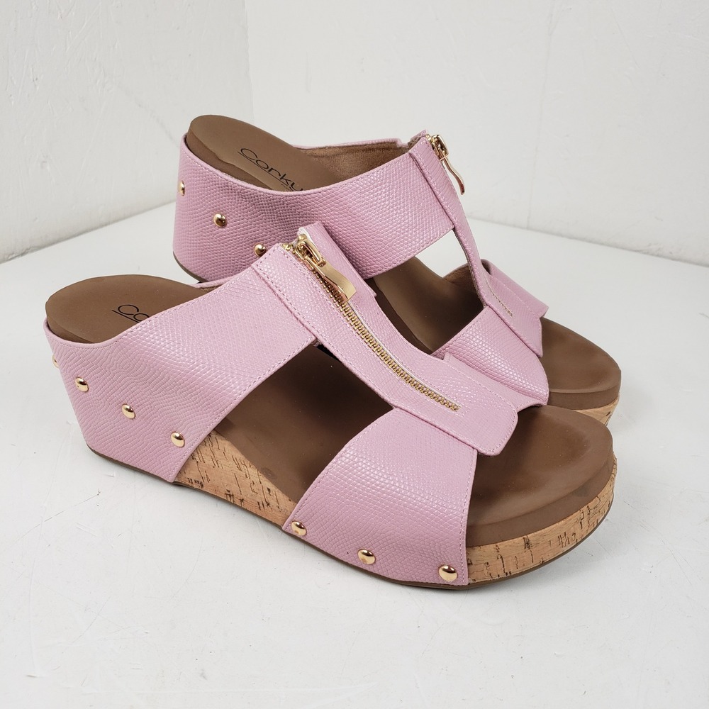 Corkys Pink Snakeskin Wedge Sandals Gold Zipper Studded Platform Slides Size 11